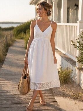 White Waves - Cotton Eyelet Lace Sundress XL Boho Beach Midi Adjustable Straps